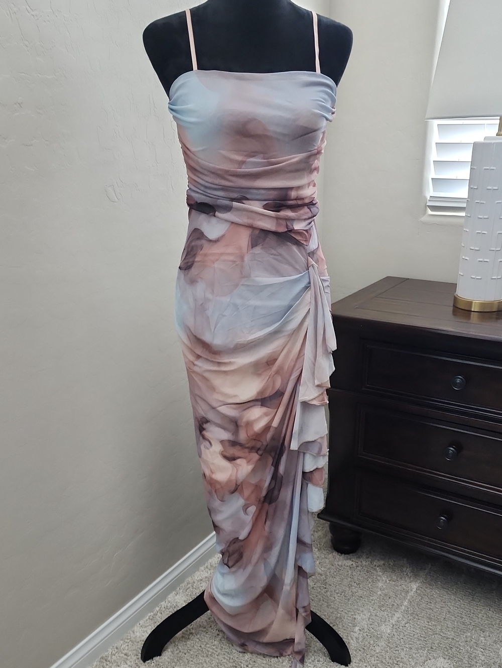 SHEIN Blush & Mauve Watercolor Ruched Spaghetti Strap Maxi Dress